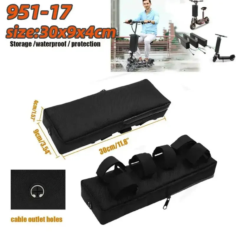 Black waterproof electric scooter battery storage bag with mounting straps and cable outlet.