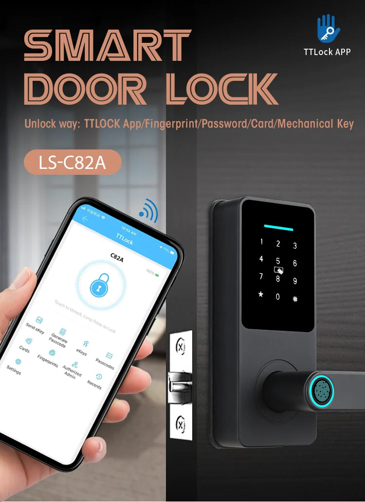 Sleek matte black smart door lock with digital keypad, fingerprint scanner, and mobile app control.