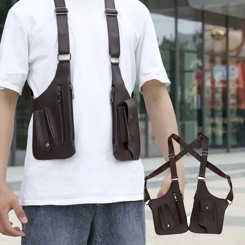 Dark brown tactical shoulder holster bag with multiple zipped pockets and adjustable straps, worn over a white t-shirt.