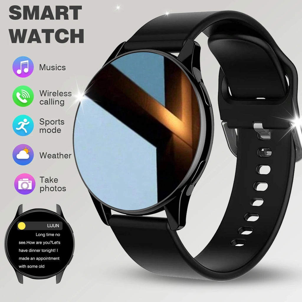 Black multi-sport smartwatch with a round face, highlighting wireless calling, fitness, and music controls.