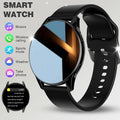 Black multi-sport smartwatch with a round face, highlighting wireless calling, fitness, and music controls.