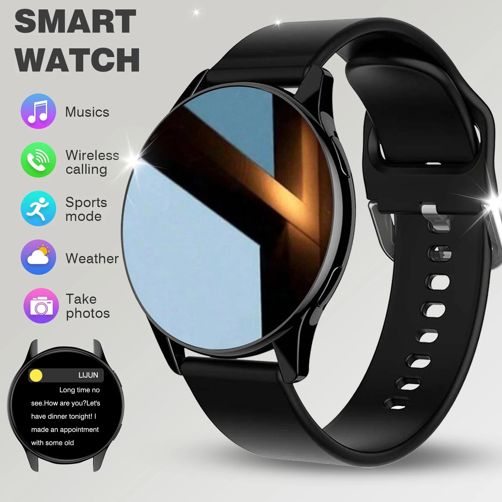 Black multi-sport smartwatch with a round face, highlighting wireless calling, fitness, and music controls.