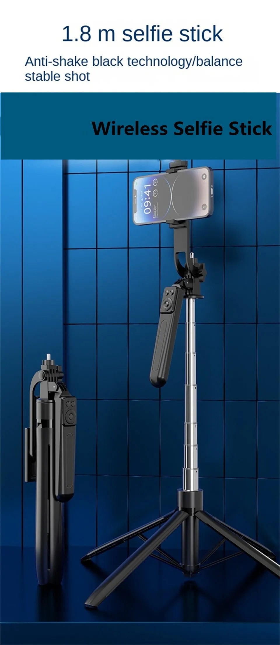 Black wireless selfie stick and tripod stand with a telescoping metal rod and integrated phone gimbal mount.