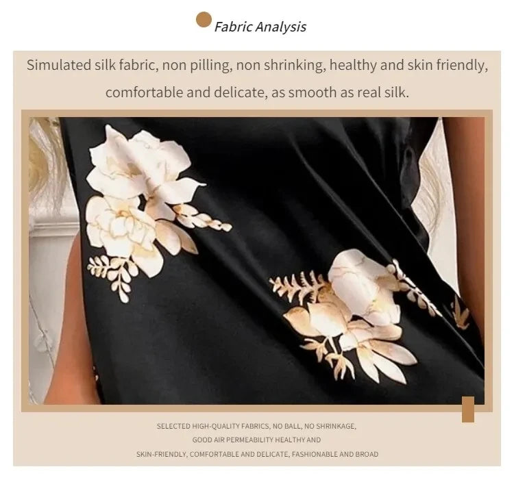 Black simulated silk fabric with a delicate white floral print, featuring a soft, smooth, skin-friendly texture.