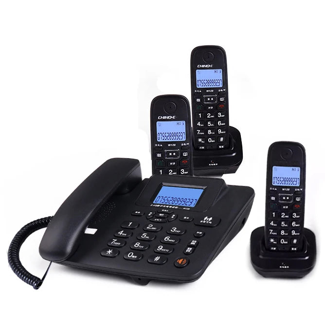 Set of three sleek, black cordless landline phones with a corded base station and blue backlit digital displays.
