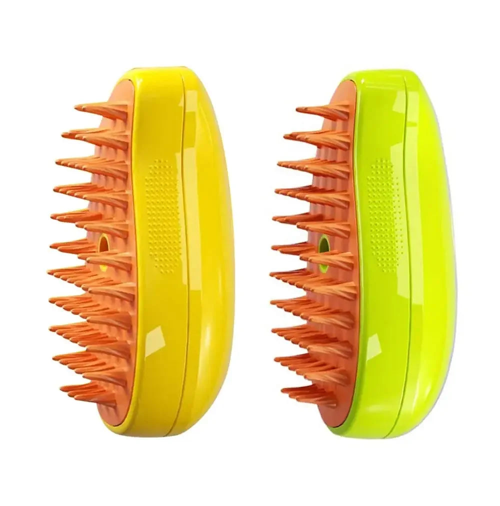 Two yellow, oval-shaped electric pet grooming brushes with orange rubber bristles, shown from the side.