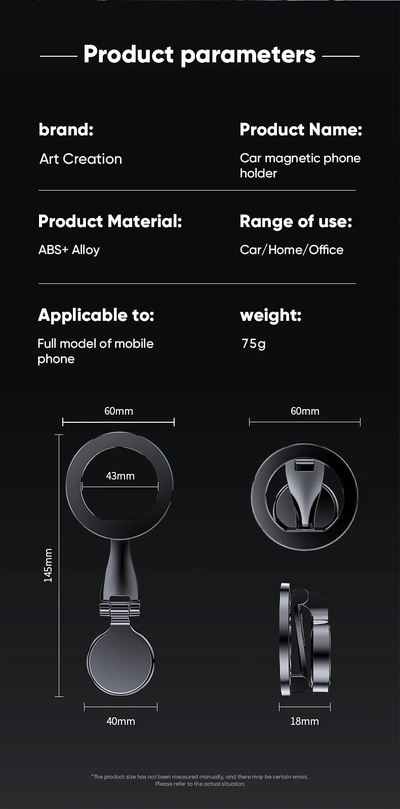 Black magnetic car phone holder, foldable metal design with circular base, shown with technical dimensions.