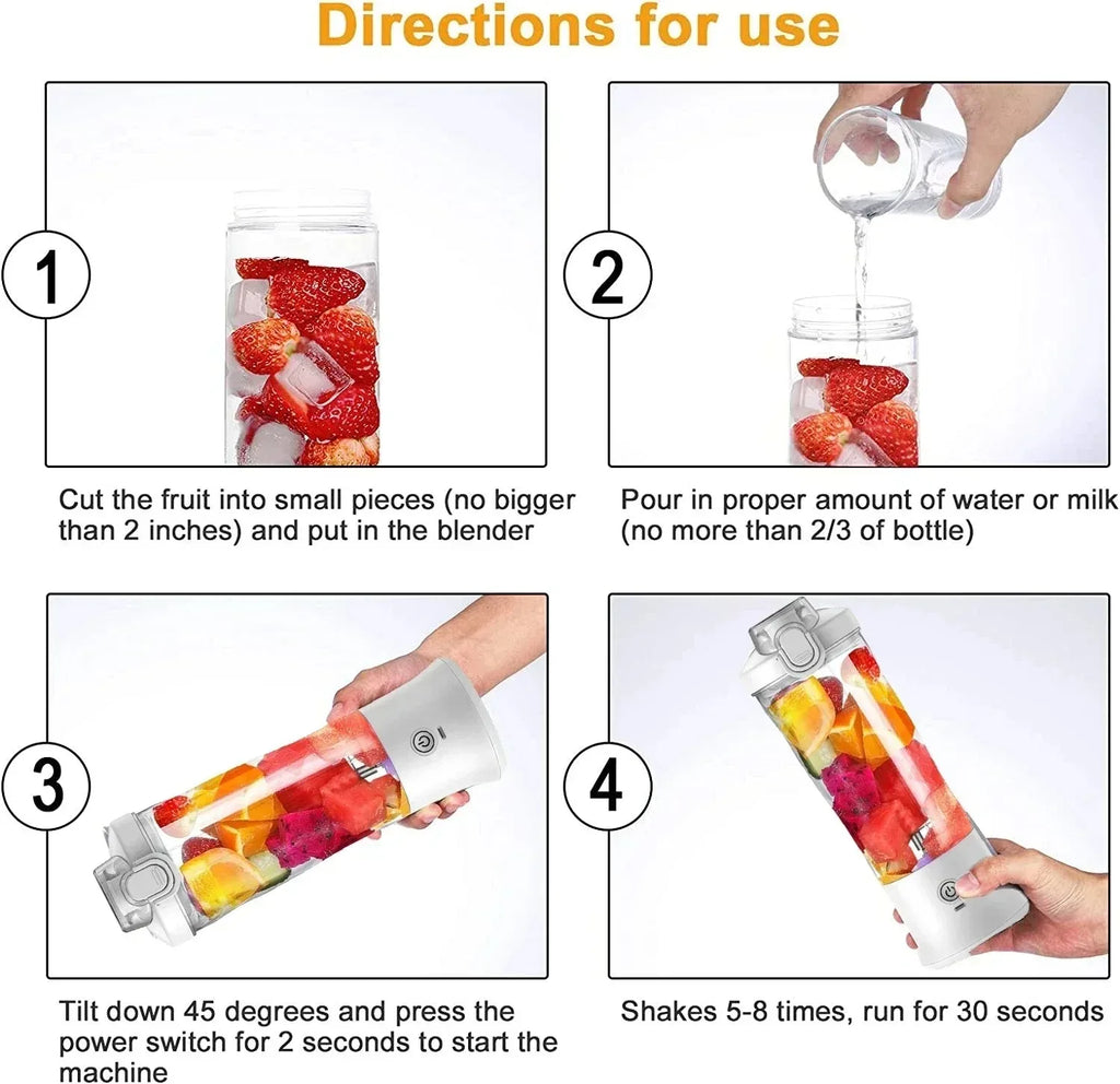 Four-step instructional guide for a white, portable, cylindrical electric blender cup for fruit smoothies.