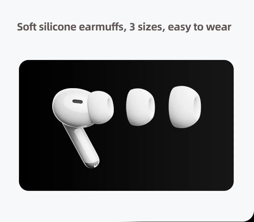 White wireless earbuds with one attached silicone tip and two additional tips of varying sizes.