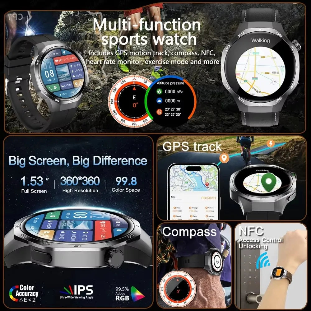 Silver-tone sports smartwatch with a round screen, black strap, GPS, heart rate monitor, compass, and NFC.