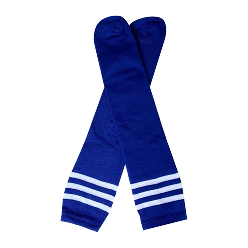 Royal blue knee-high socks featuring three white horizontal stripes at the cuffs.