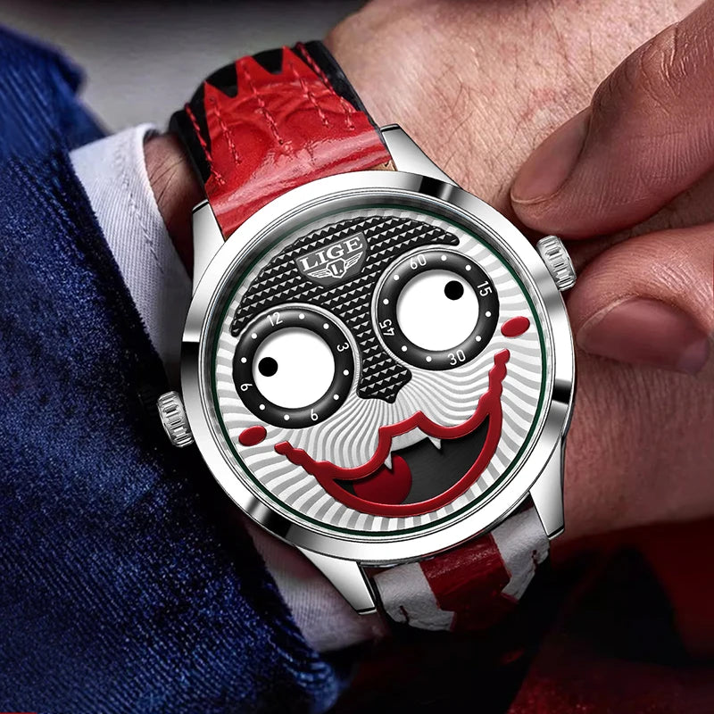Silver quartz watch with red leather strap, featuring a joker clown face dial with rotating eye sub-dials.
