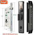 Three parts of smart door lock with dimensions: mortise lock body, inner handle, and outer keypad.