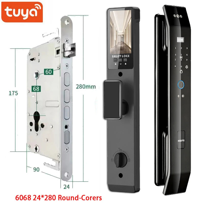 Three parts of smart door lock with dimensions: mortise lock body, inner handle, and outer keypad.