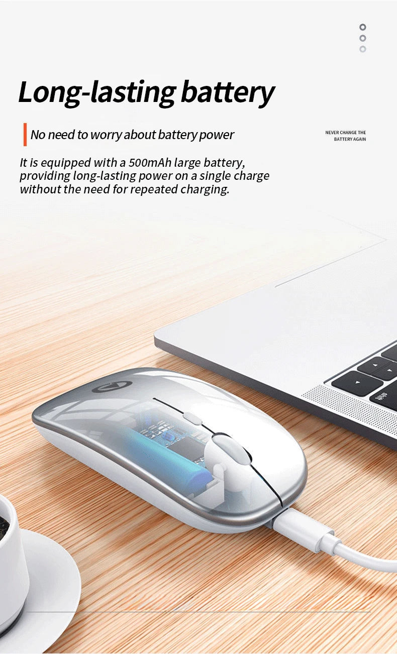 Sleek, transparent ergonomic wireless mouse with a visible battery, connected to a laptop on a wooden desk.