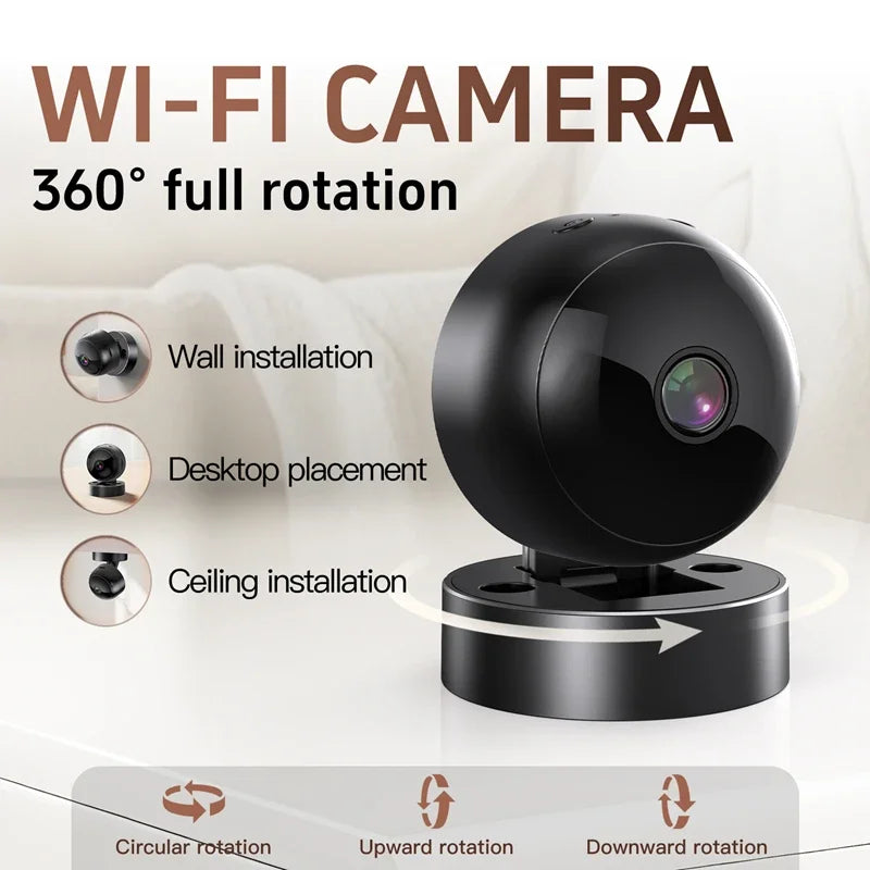 Black 4K wireless security camera with 360-degree rotation, suitable for wall, ceiling, or desktop installation.