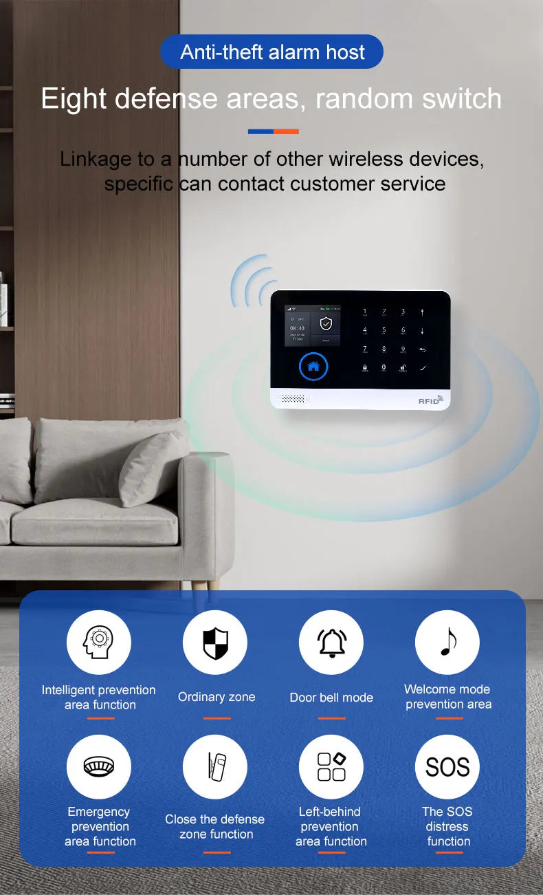 Wireless home security alarm panel with a black and white touchscreen, mounted on a living room wall.