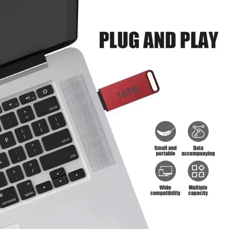 Red 16TB USB Type-C flash drive plugged into a silver laptop. Compact, portable, and plug-and-play design.