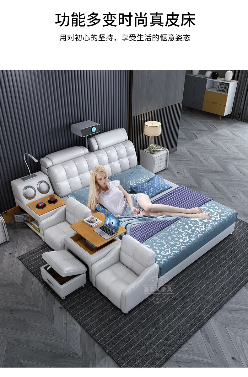 Modern white double storage bed with a tufted headboard, integrated bedside tables, speakers, and a pop-up desk.
