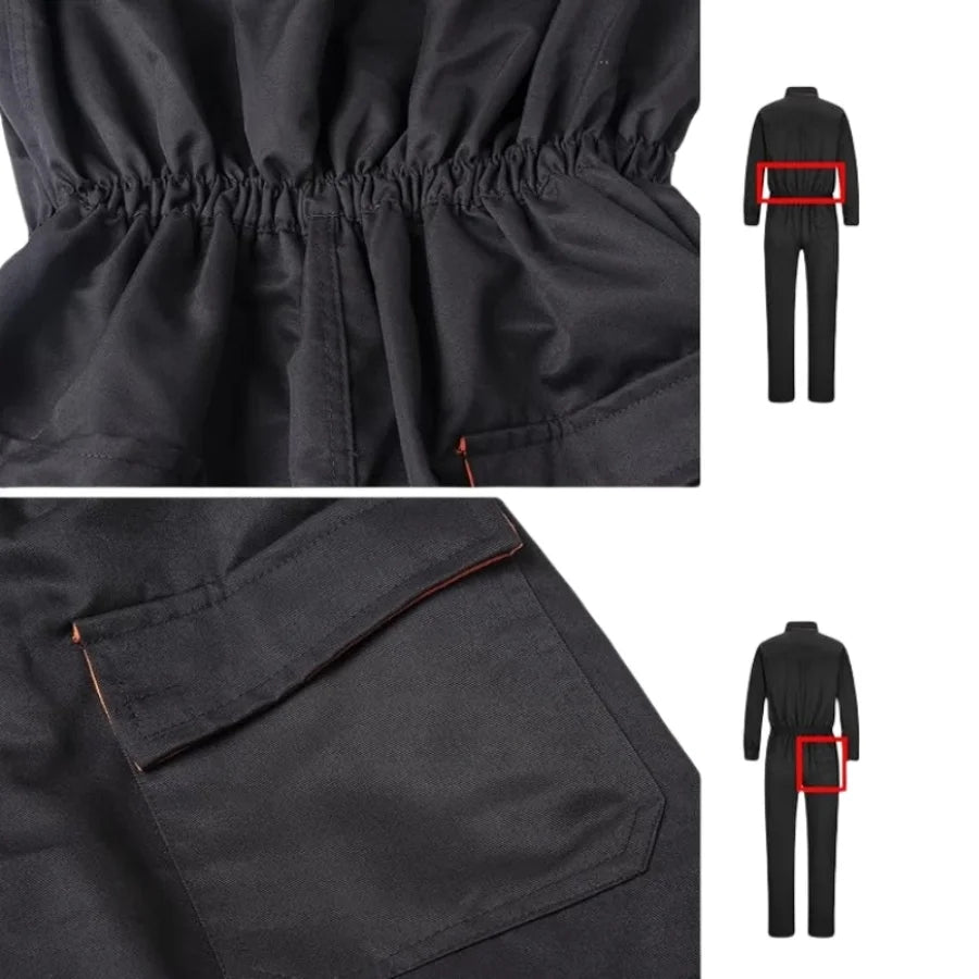 Black heavy-duty mechanic coveralls featuring an elasticated waist and large utility pocket with contrast detailing.