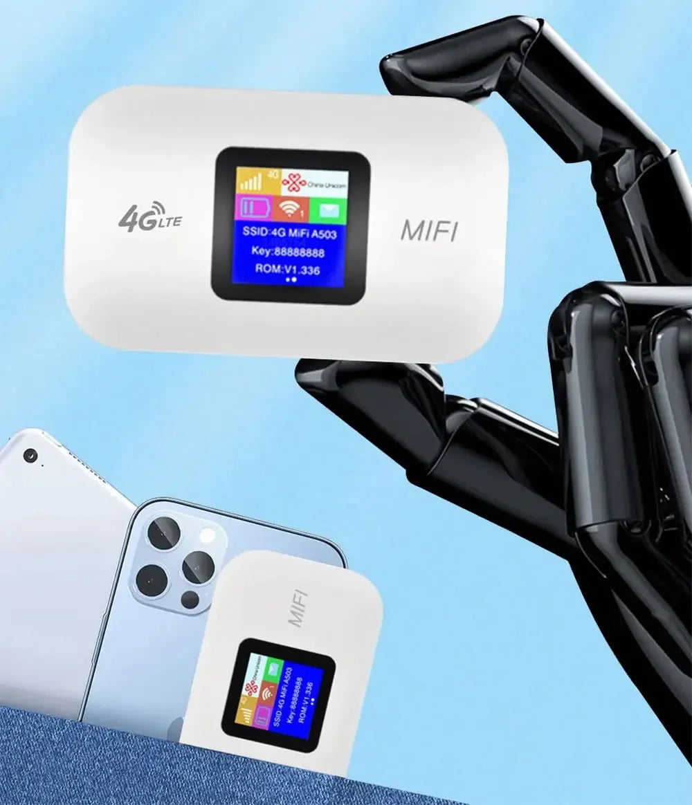 White portable 4G LTE Wi-Fi router with colour display screen, held by a robotic hand against a blue background.