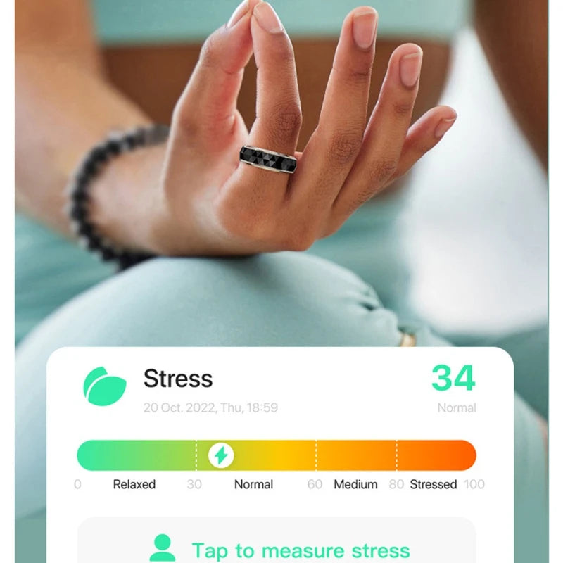 Sleek black smart health ring with a geometric pattern, worn on a hand showing a stress monitoring app interface.