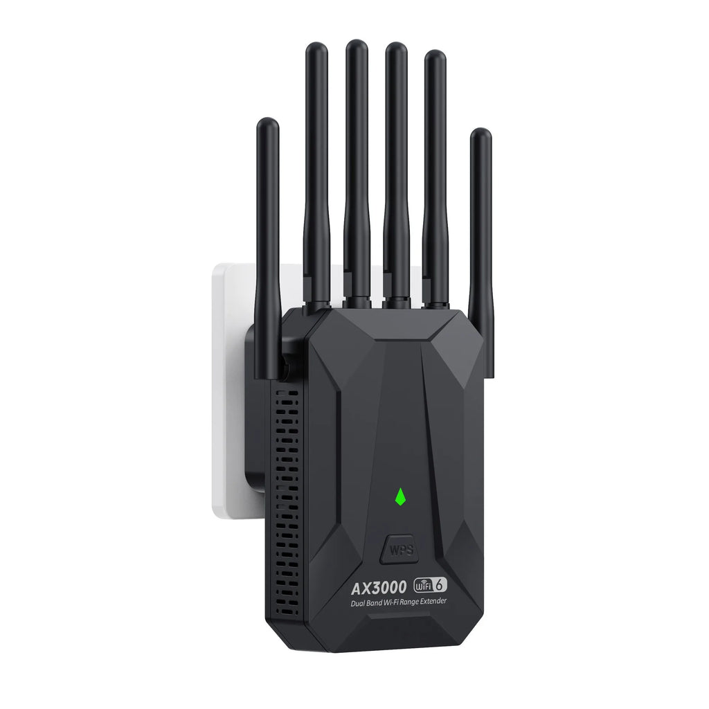 Black WiFi 6 range extender with five antennas, green indicator light, and wall-plug design.