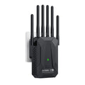 Black WiFi 6 range extender with five antennas, green indicator light, and wall-plug design.