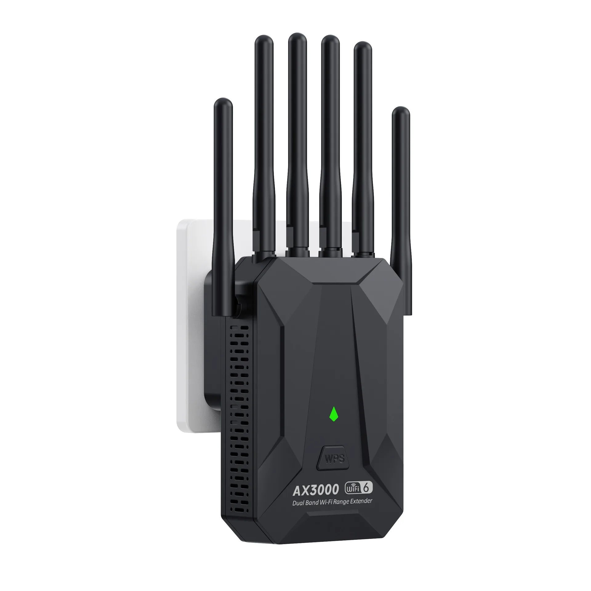 Black WiFi 6 range extender with five antennas, green indicator light, and wall-plug design.