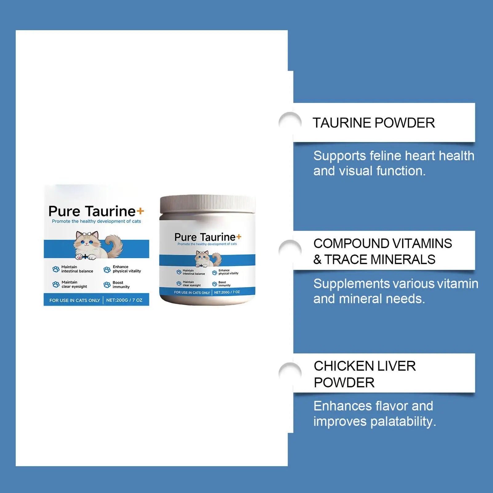 White tub of feline taurine supplement powder with an illustrated cat label and infographic showing health benefits.