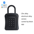 Black smart key lock box made of zinc and aluminum alloy with a digital keypad, controllable via mobile app.