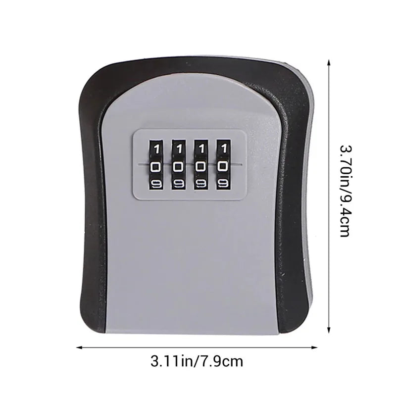 Black and grey metal key lock box with a four-digit combination dial, shown with height and width measurements.