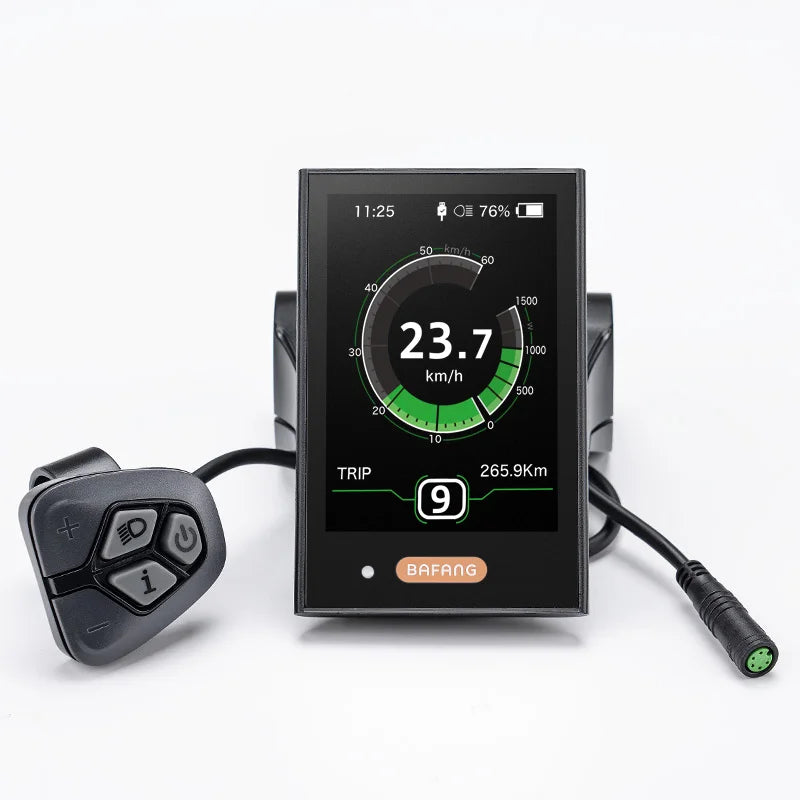 Black Bafang DPC18 e-bike display unit with color screen, speedometer, connected control pad, and wiring.