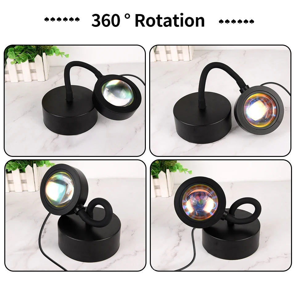 Black smart sunset LED projection lamp with a flexible 360-degree rotating neck, shown in four different positions.
