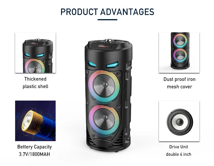 Black 30W portable Bluetooth speaker with double 4-inch drivers, multicolour LED lights, and durable mesh cover.
