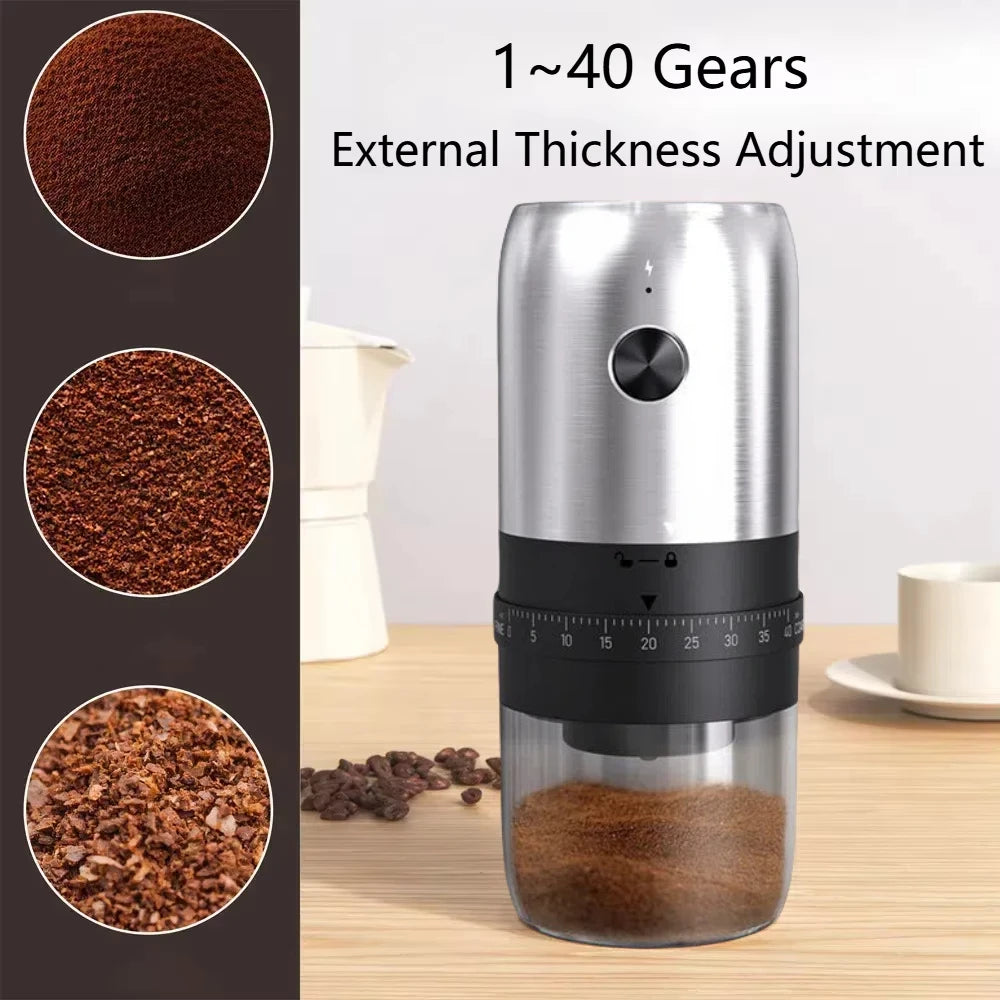 Silver and black electric coffee grinder with 40-gear external thickness adjustment and a clear grounds container.