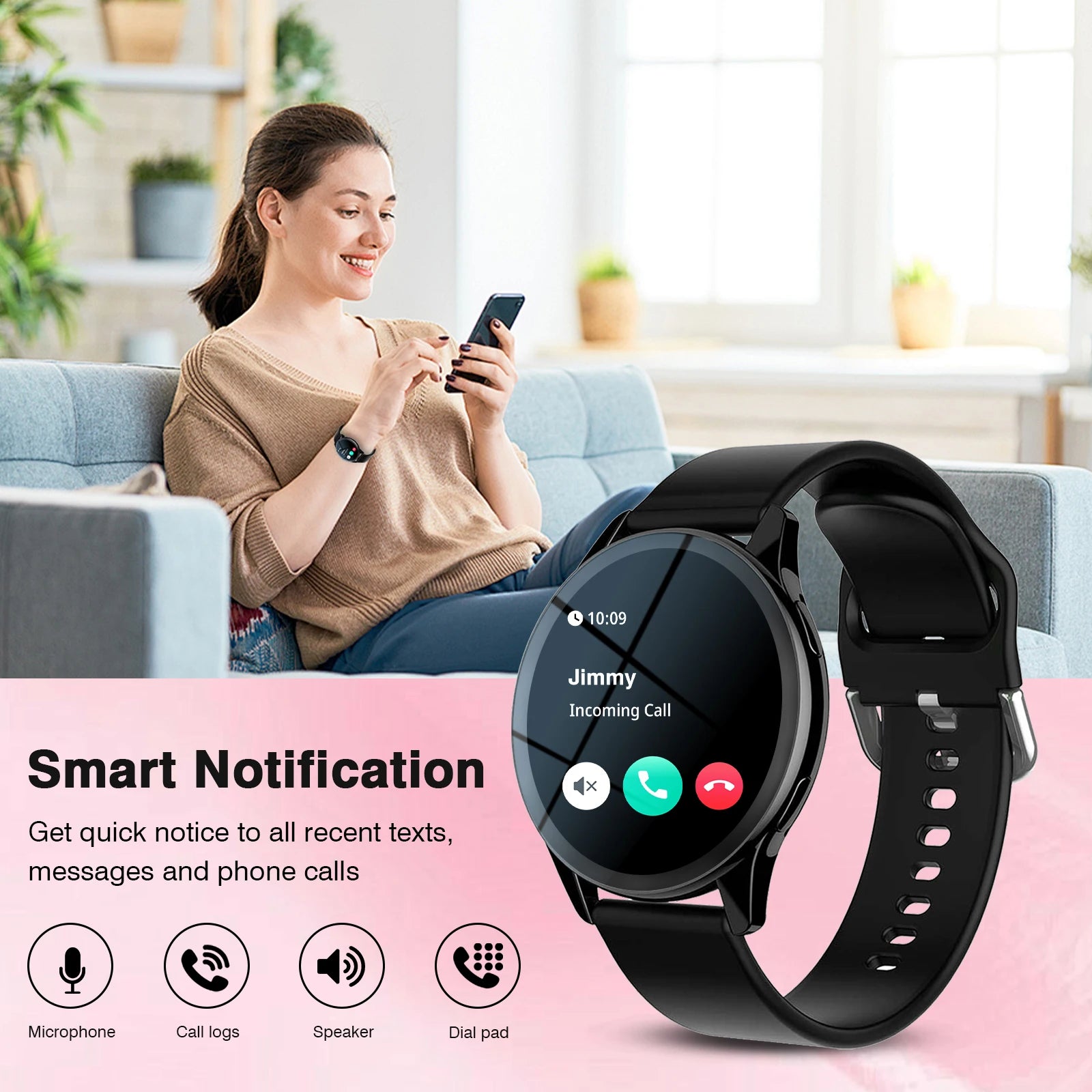 A sleek black multi-sport smartwatch showing an incoming call on its round touchscreen display.