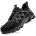 Black safety sneaker with steel toe, breathable mesh upper, lace-up front, and white zig-zag side pattern.