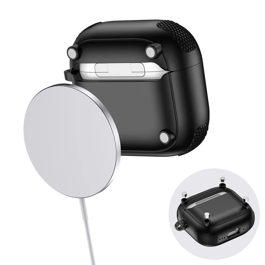 Black protective magnetic charging case for AirPods, featuring a durable textured design and MagSafe compatibility.