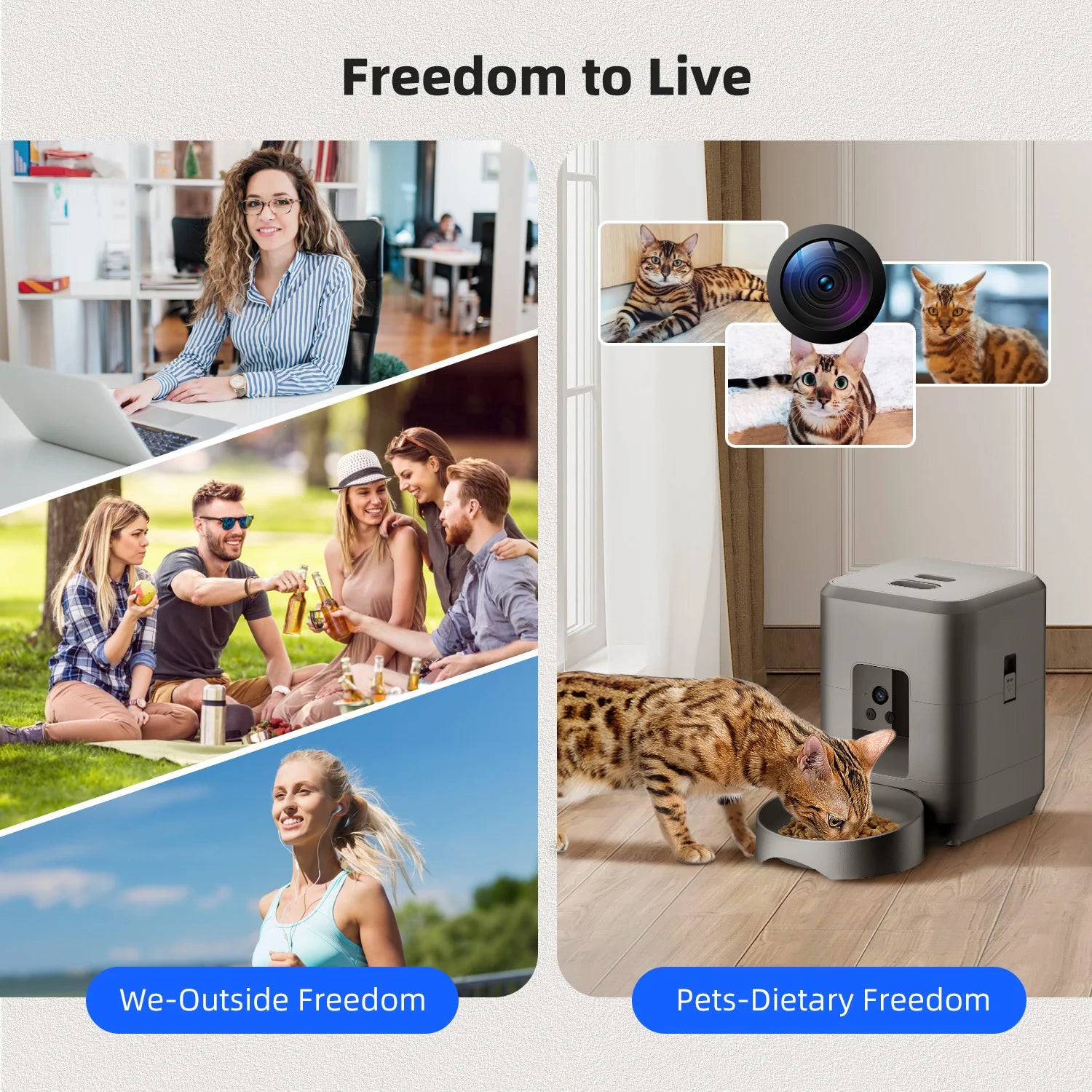 Collage showing people enjoying outdoor activities and an automatic grey smart pet feeder with an integrated camera.