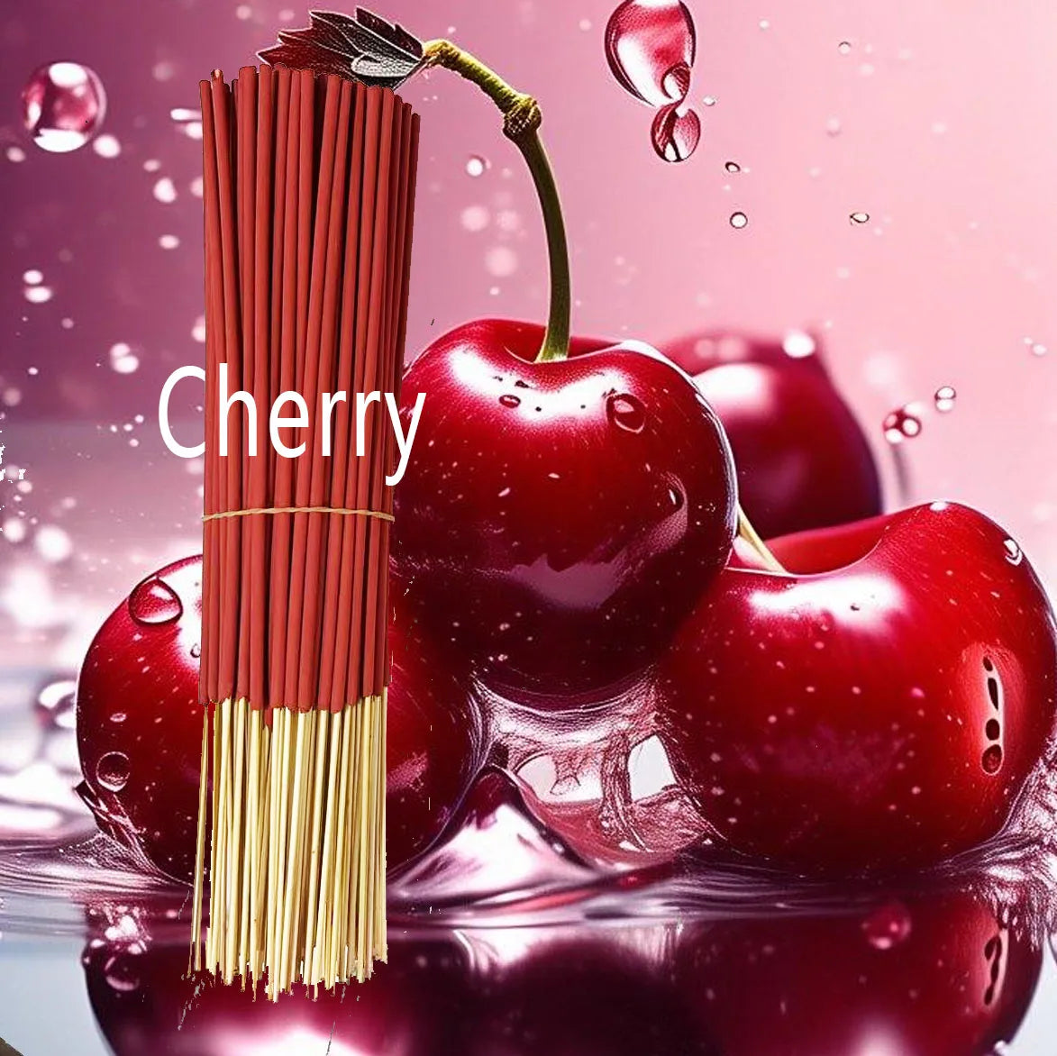 A bundle of red cherry-scented incense sticks against a backdrop of fresh, glossy red cherries and water droplets.