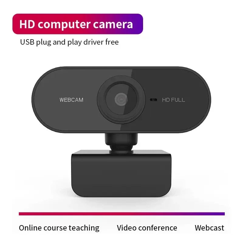 Black 1080p HD USB webcam with an adjustable base and built-in microphone, suitable for meetings and streaming.