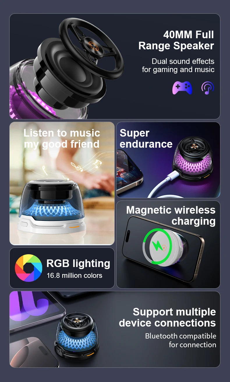 Compact black and white Bluetooth speaker with colourful RGB lighting, magnetic wireless charging, and 40mm driver.