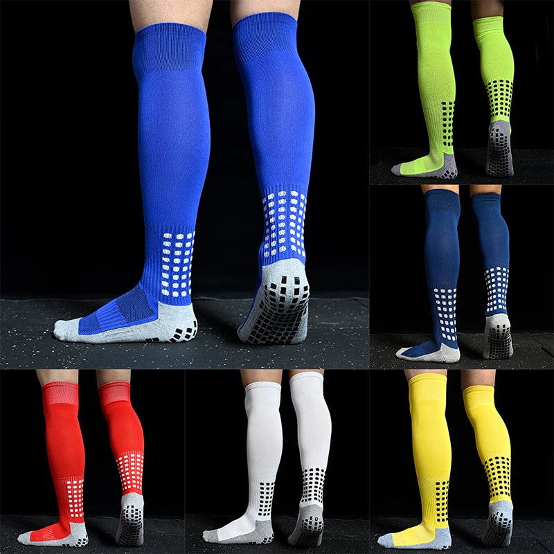 Grid of over-the-calf sports socks in multiple colours, featuring anti-slip grip soles and arch support.