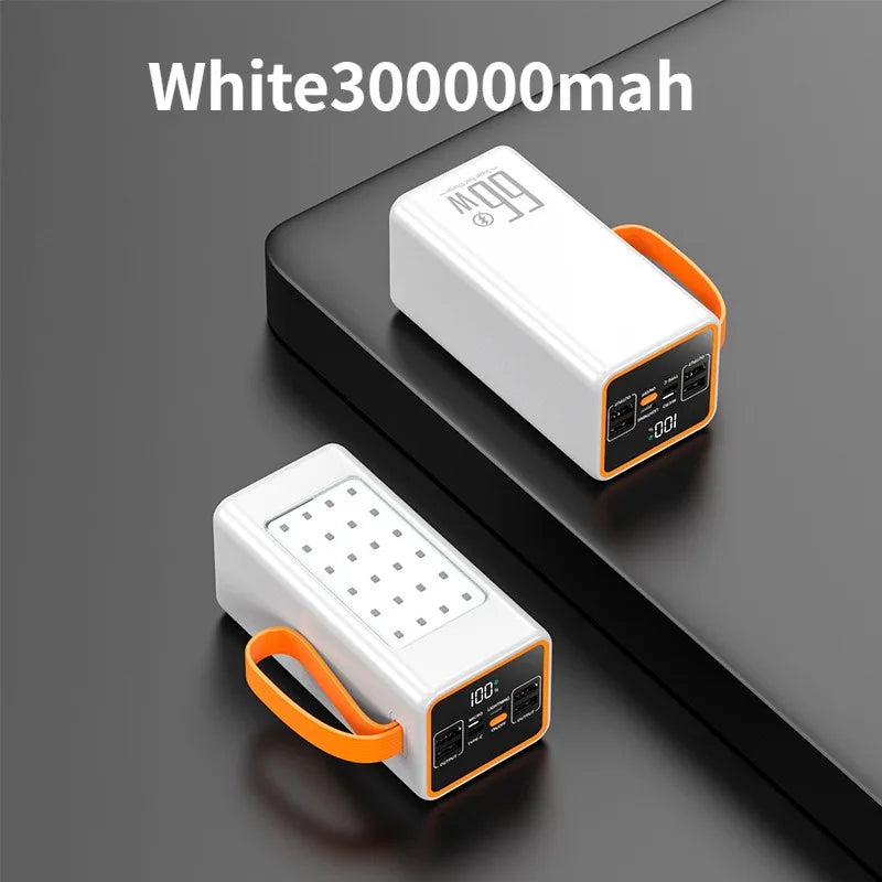 Two white high-capacity portable power banks with orange carry straps, LED status displays, and multiple charging ports.