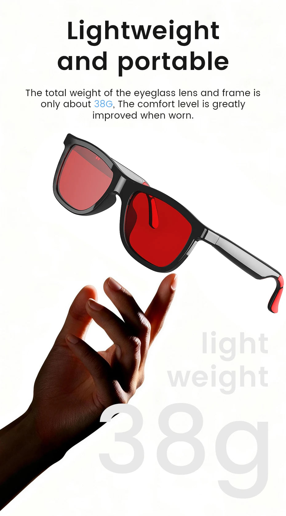 Lightweight smart audio glasses with black frames and vibrant red lenses, balanced on a fingertip.