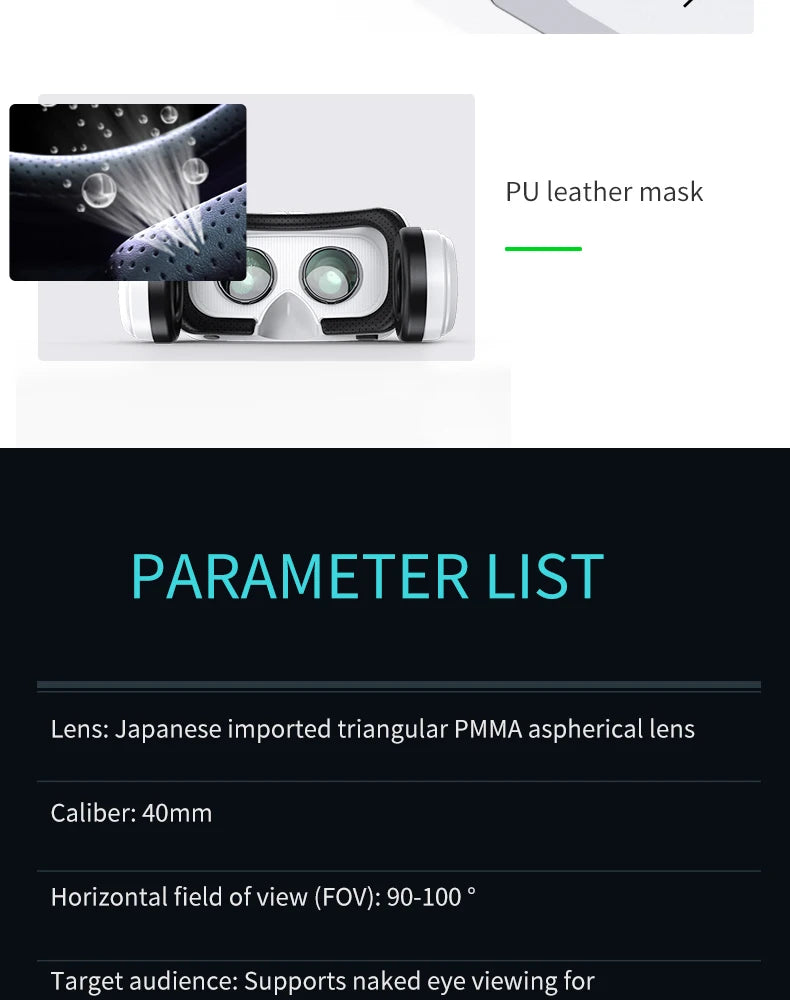 White and black 3D VR headset for smartphones, featuring a breathable, perforated PU leather face mask and dual lenses.