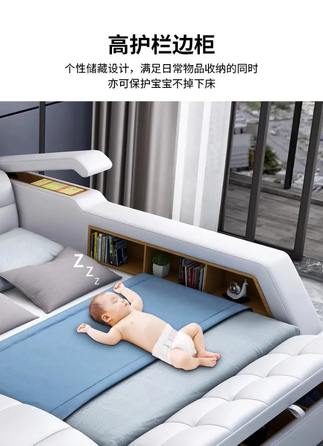 Modern white leather bed frame with built-in side shelving and a protective safety rail for children.