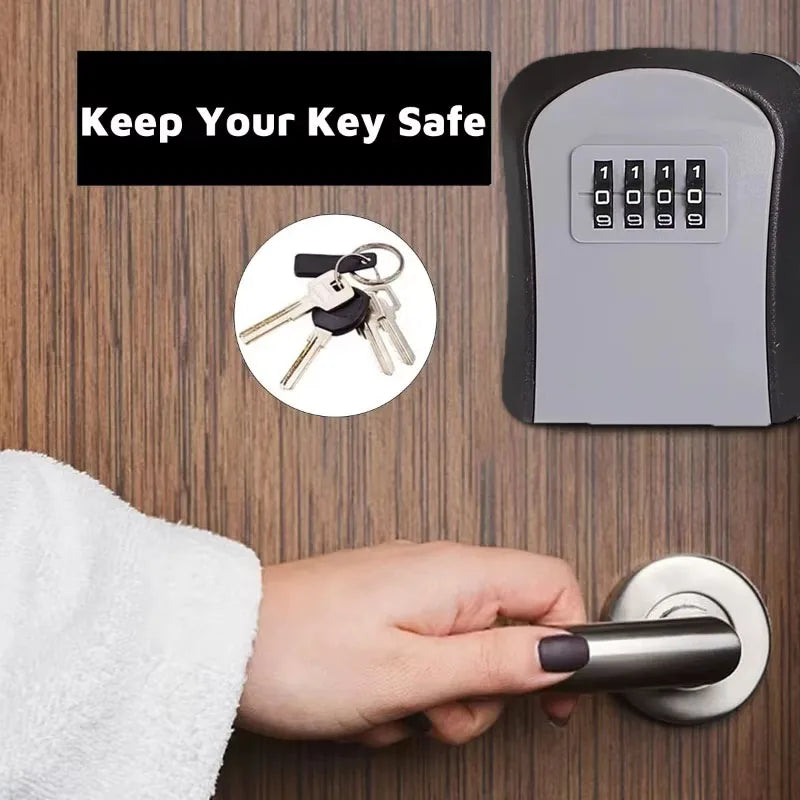 Black and grey metal wall-mounted key lock box with a four-digit combination code dial.