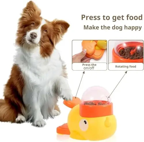 A dog sitting next to a yellow, interactive plastic food dispenser toy that releases treats when a button is pressed.